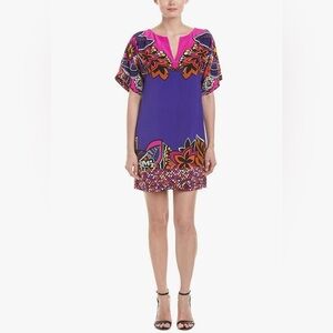 Trina Turk Carnival Silk Floral Shift Dress V-Neck Multicolored Size 2